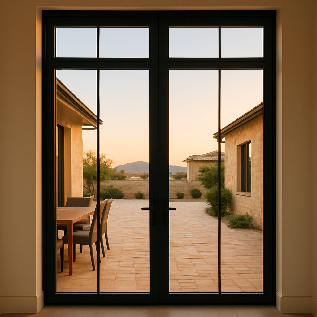 Modern glass double doors opening to a desert courtyard at sunset