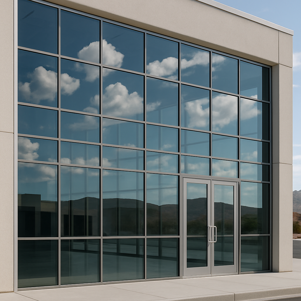 Modern building exterior with large windows and double doors